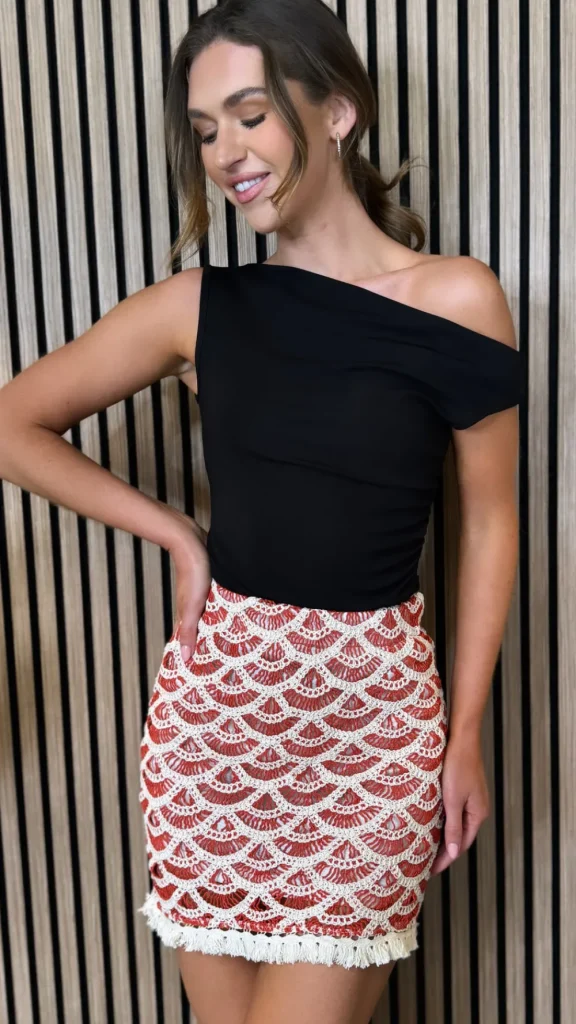 LILY ROSE BY FJ Skirts & Shorts^Veronica Red & Cream Printed Crochet Trimmed Mini Skirt