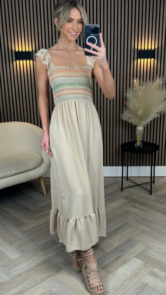 COPPEROSE Going Out Dresses | Occasion Dresses^Weston Beige Multi Printed Bodice Detail Midi Dress