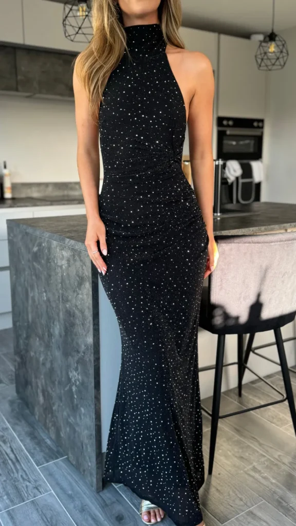 VERA LUCY Fitted Dresses | Going Out Dresses^Zelda Black Sparkle Halter Neck Maxi Dress