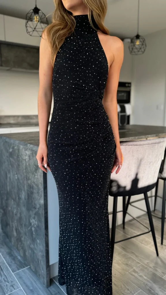 VERA LUCY Fitted Dresses | Going Out Dresses^Zelda Black Sparkle Halter Neck Maxi Dress
