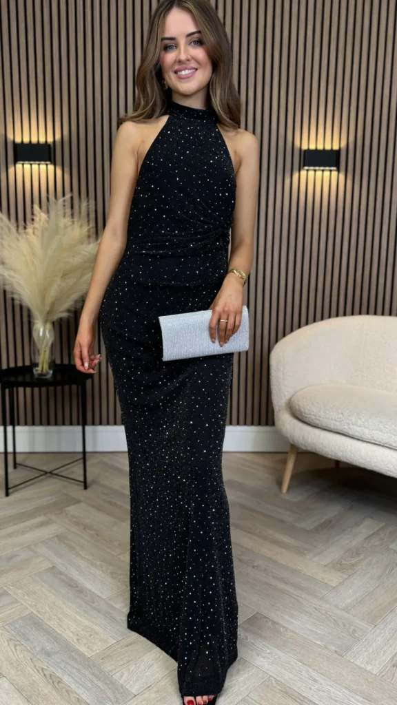 VERA LUCY Fitted Dresses | Going Out Dresses^Zelda Black Sparkle Halter Neck Maxi Dress