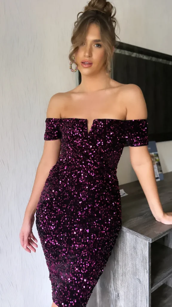 GIRL IN MIND Going Out Dresses | Occasion Dresses^Zeren Purple Off The Shoulder Sequin Velvet Midi Dress